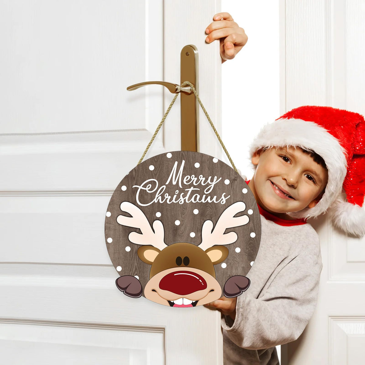SIKERIC Merry Christmas Reindeer Door Hanger, 11.4''x11.4'' Wooden Christmas Wall Decor Plaque for Home Party Porch Entryway
