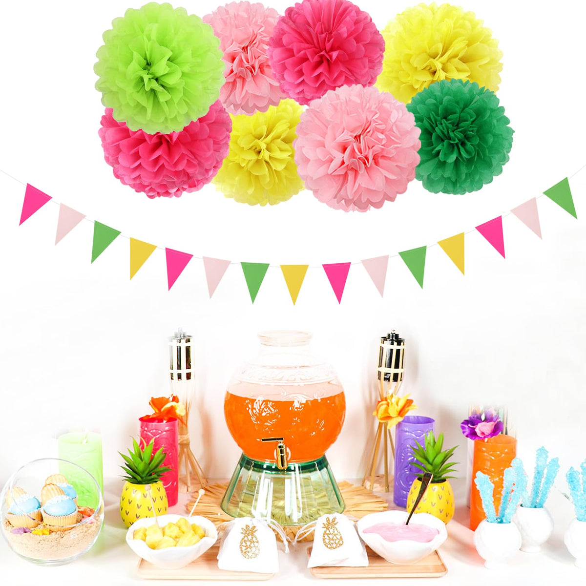 Hawaii Pool Party-Decorations Streamers - 35pcs Tissue Pom Poms,Tropical Jungle Birthday Supplies Bachelorette Tassel Garland Banner,Summer Beach Baby Shower Decor Lasting Surprise