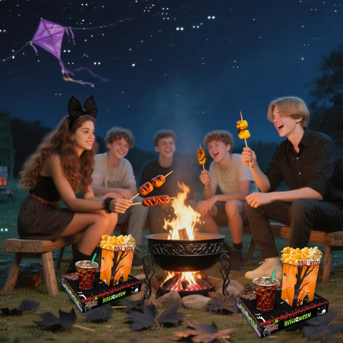 Movie Night Supplies(24pcs)-Neon Style Movie Night Snack Trays*12+Popcorn Buckets*12,Kid's Birthday Party,Game Night,Movie Night Snack Trays with Popcorn Bags. (Horror theme)
