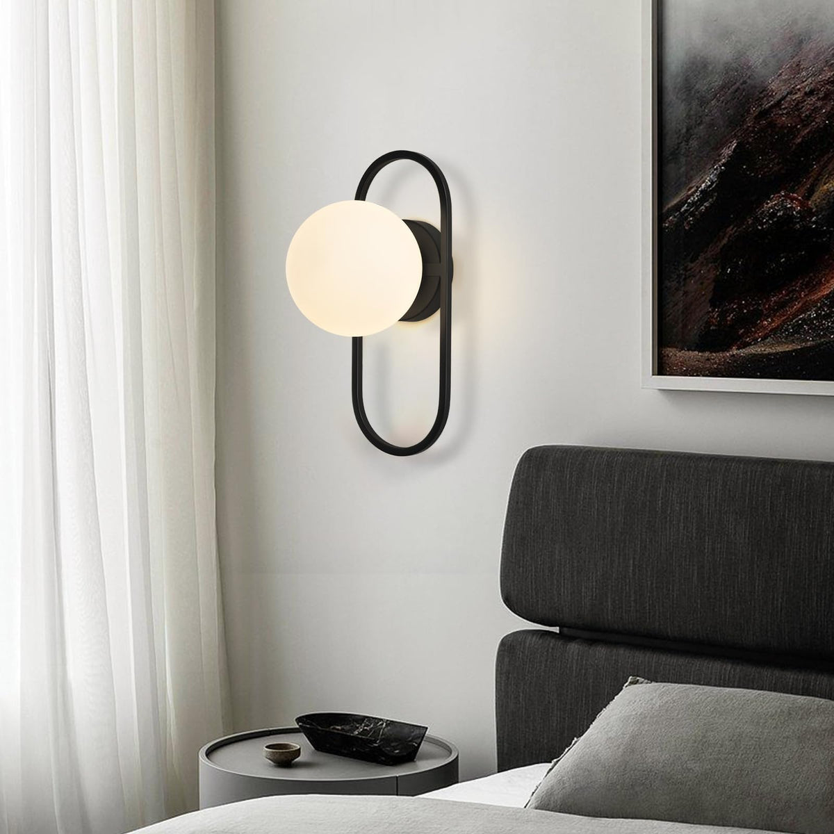 SeeU Vintage Black Wall Sconces Set of Two Globe Wall Lamp with Milky Glass Shades Modern Wall Light Fixtures for Living Room, Bedroom, Stairs, Hallway