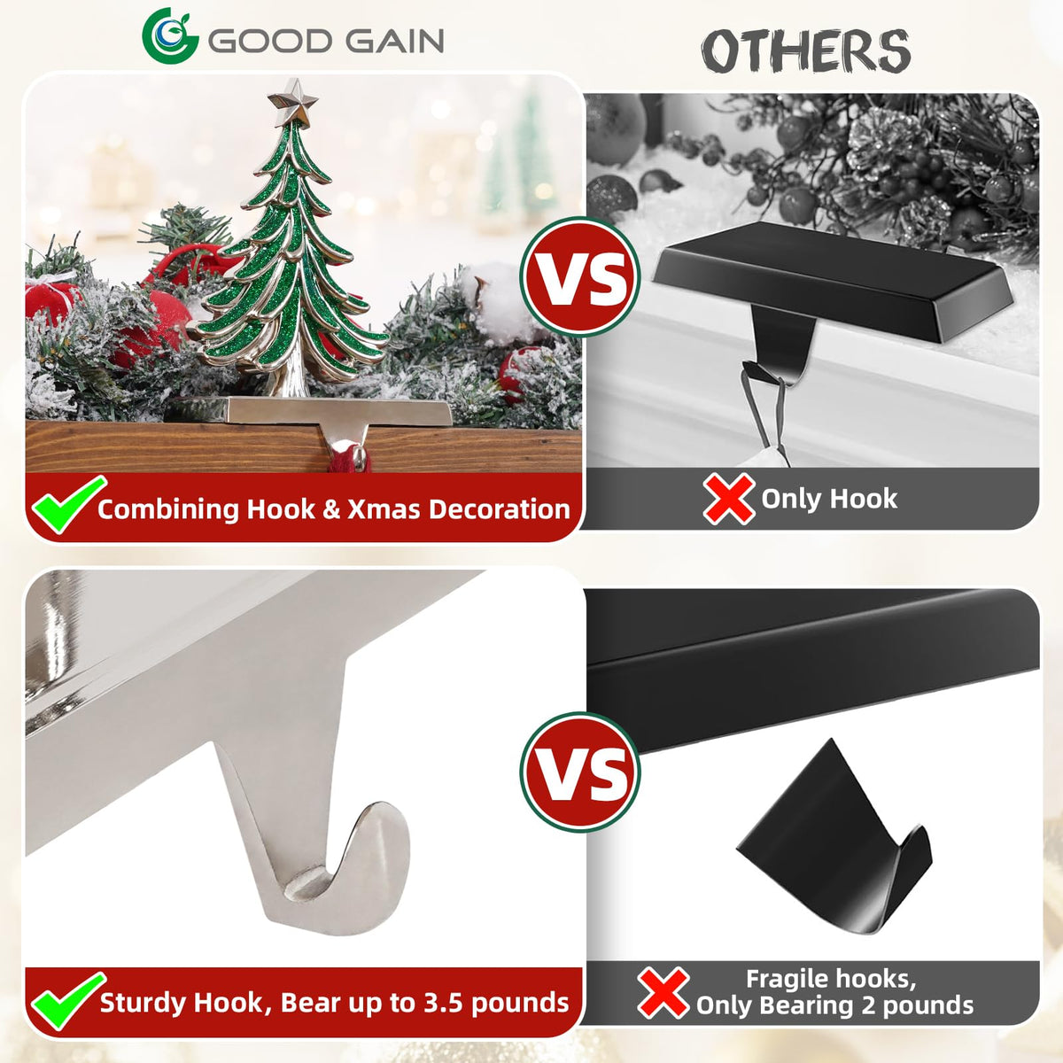 G GOOD GAIN Christmas Stocking Holders for Mantle - Set of 2 Christmas Tree Weighted Stocking Hangers with Non-Slip Base Silver Sturdy Metal Hooks for Fireplace Shelf Counter Holiday Decorations