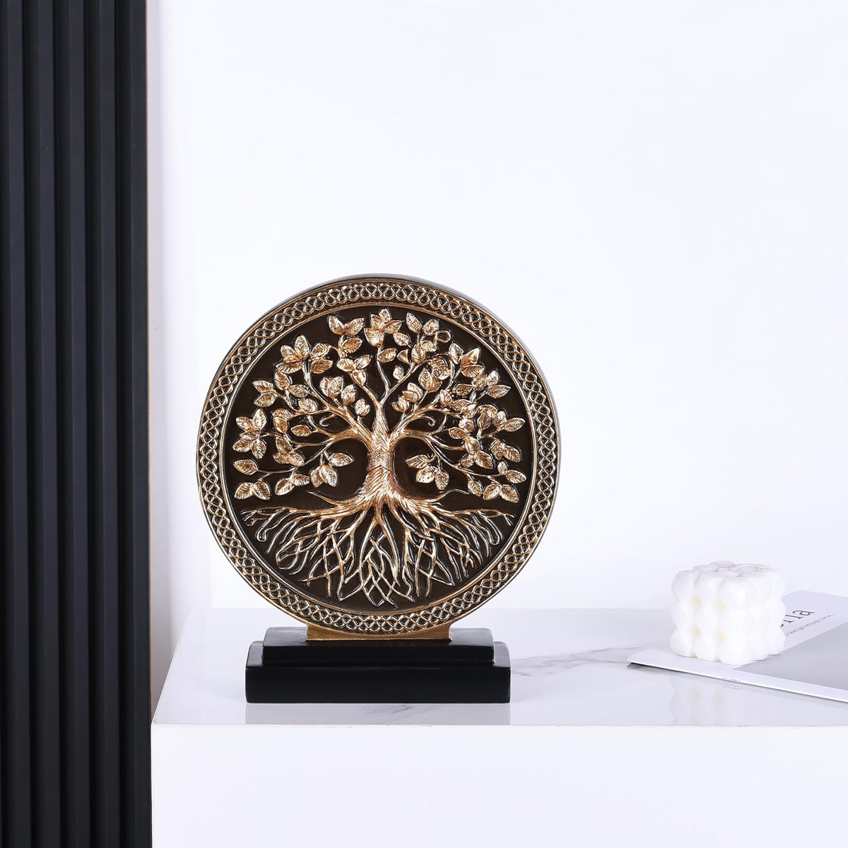 DOVDOV Abstract Circular Tree of Life Decorative Sculpture, Black and Gold Home Decor, Modern Art Home Accent Suitable for Office Shelves, Coffee Tables, and Above Cabinet Decorative Statue.