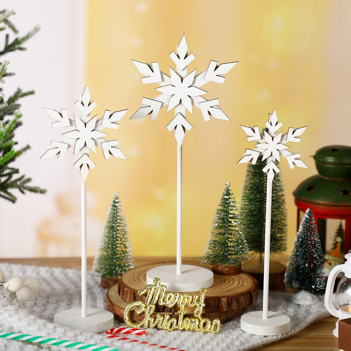 Soaoo 3 Pcs Winter Snowflake Decorations Wooden Snowflakes Table Centerpieces Tall Standing White Winter Snow Wonderland Wood Block Sign for Tabletop Shelf Mantel Home Tiered Tray Decor(Fresh)