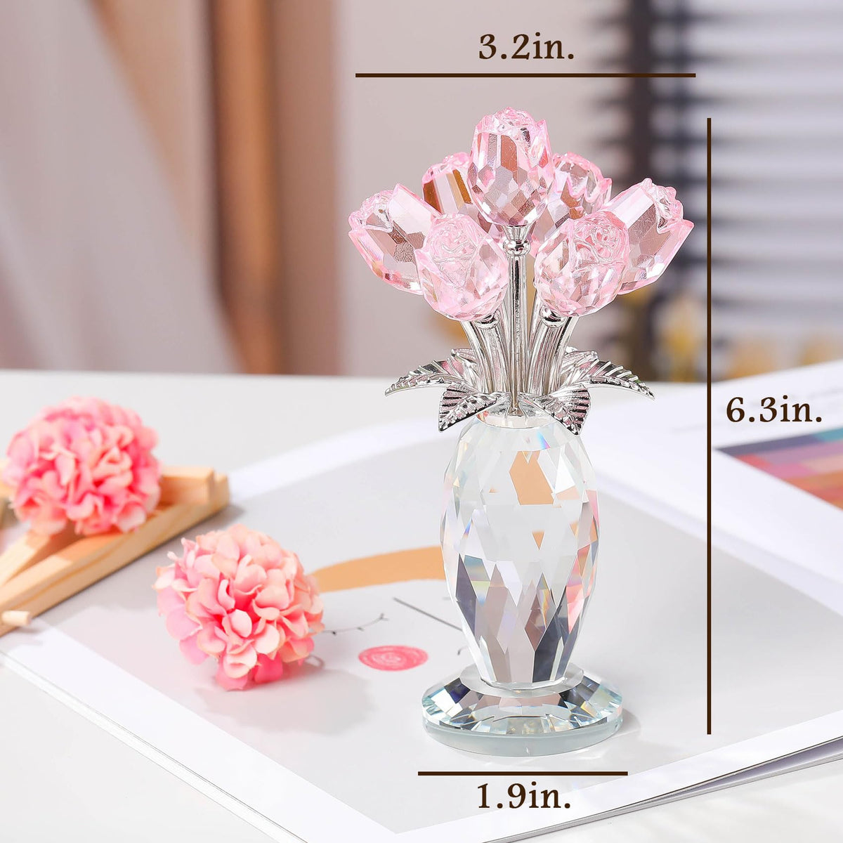 Movdyka Glass Rose Flower Pink Bouquet Crystal Figurines Home Decor