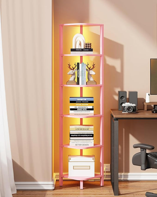 TUTOTAK Corner Shelf with LED Light, 6-Tier Corner Bookshelf