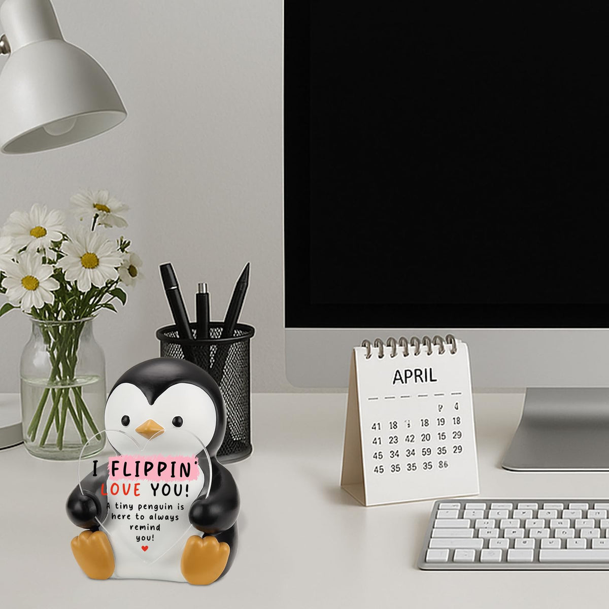 I Flippin’ Love You Penguin Figurine with Heart Plaque, Cute Penguin Collectible Desk Sign, Sentimental Gift for Friend, Family, Coworker, Birthday, Christmas, Anniversary Keepsake ES018