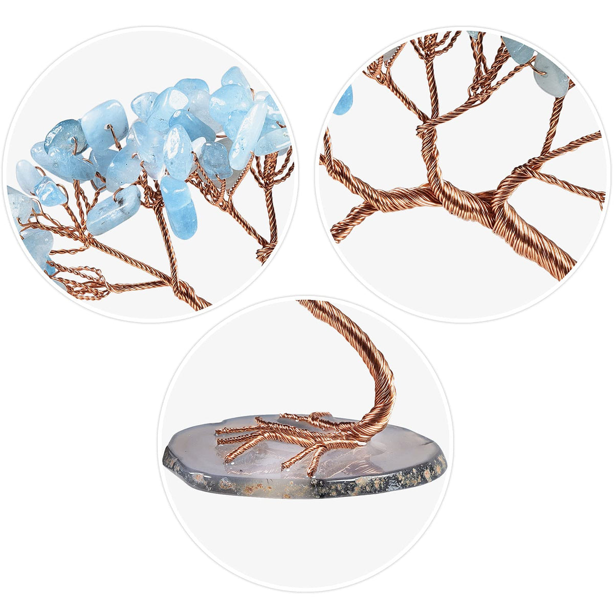 mookaitedecor Natural Aquamarine Crystal Money Tree Agate Slice Base Feng Shui Bonsai Crystal Tree for Wealth Luck Desk Decor, 3-4 Inch High