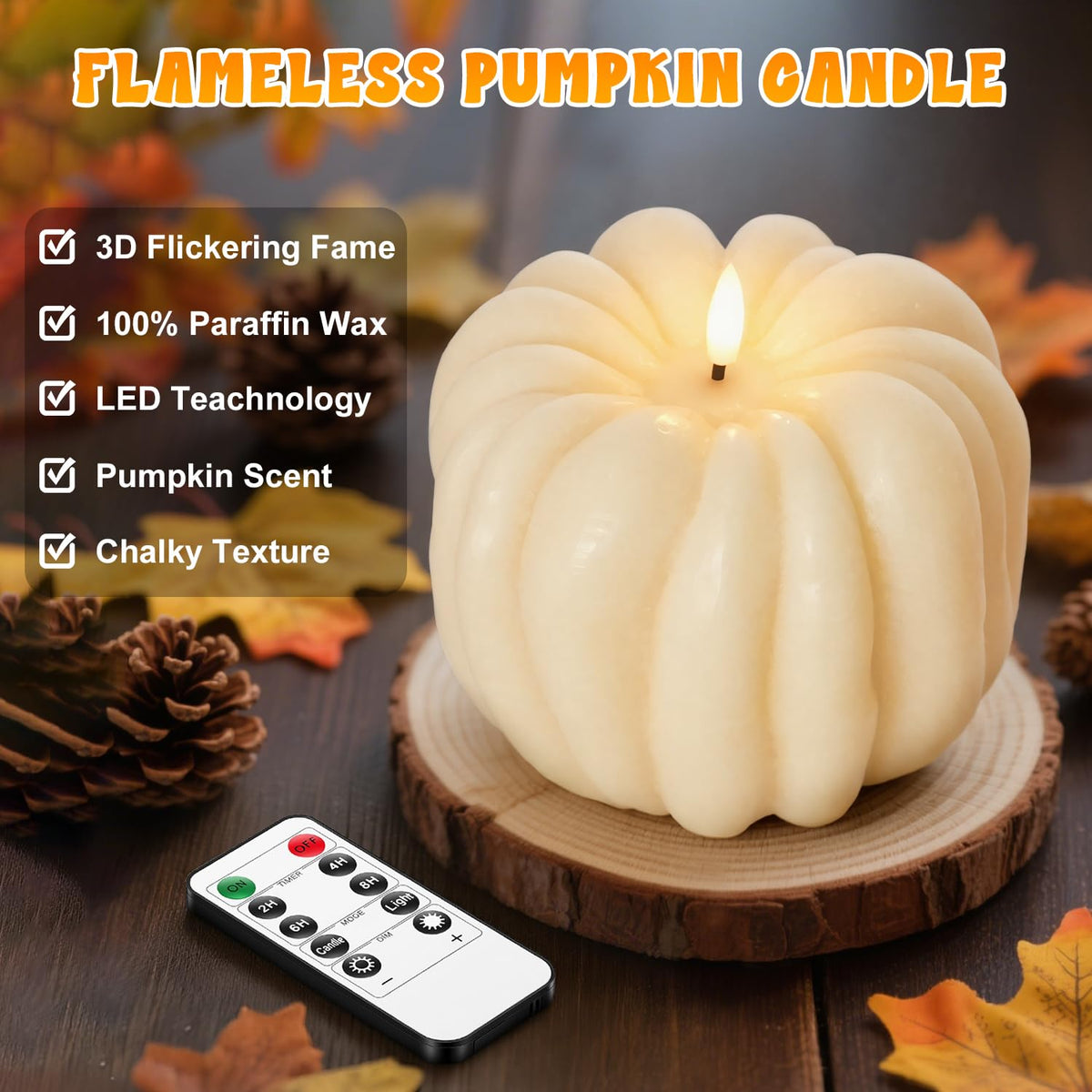 Flameless Pumpkin Candles with Timer - Fall Home Decor Indoor, LED Light Up Pumpkins for Mantel Table | Flameless Candle Thanksgiving Fall Decoration, Autumn Farmhouse Rustic Harvest Decor (White)