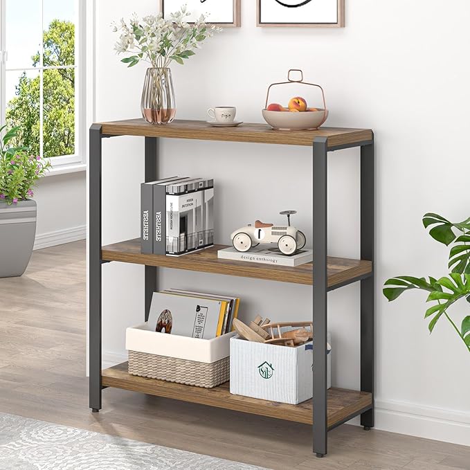 EXCEFUR Small Bookshelf, 3 Tier Short Low Book Shelf, Modern Metal and Wood