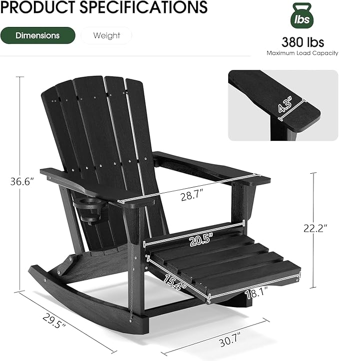 Adirondack Rocking Chair with Retractable Ottoman, Outdoor Folding Adirondack