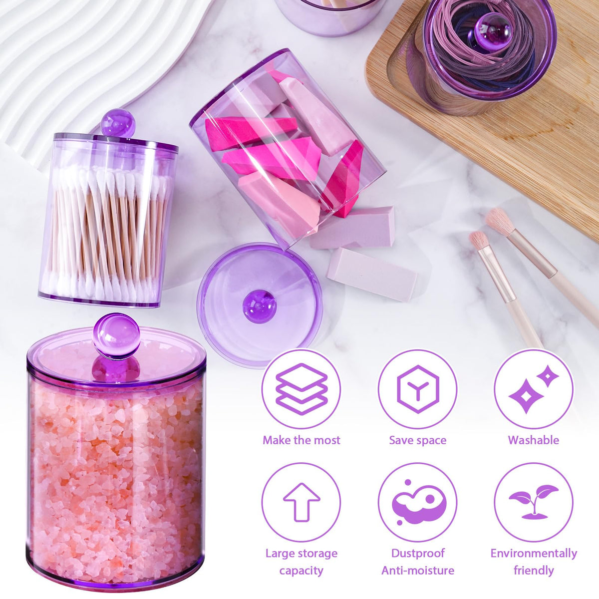 XIPENGKEJI 6 Pack Qtip Holder,Canister Apothecary Jar Set, Bathroom Jars with Lids Set for Cotton Swabs, Balls, Pads, Floss Picks,10oz-12oz Plastic Canisters Restroom Bedroom Vanity Organizer(Purple)