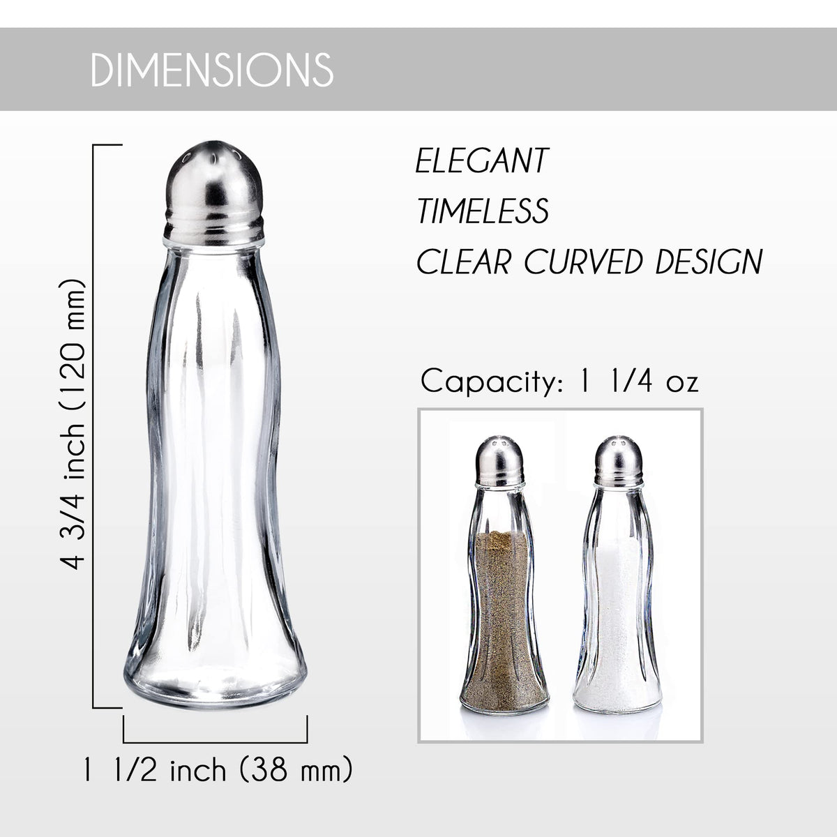 Salt and Pepper Shakers Glass Set, Clear Curved Design, Classic Restaurant Style, Glass Body with Stainless Steel Lids, 4.7 in