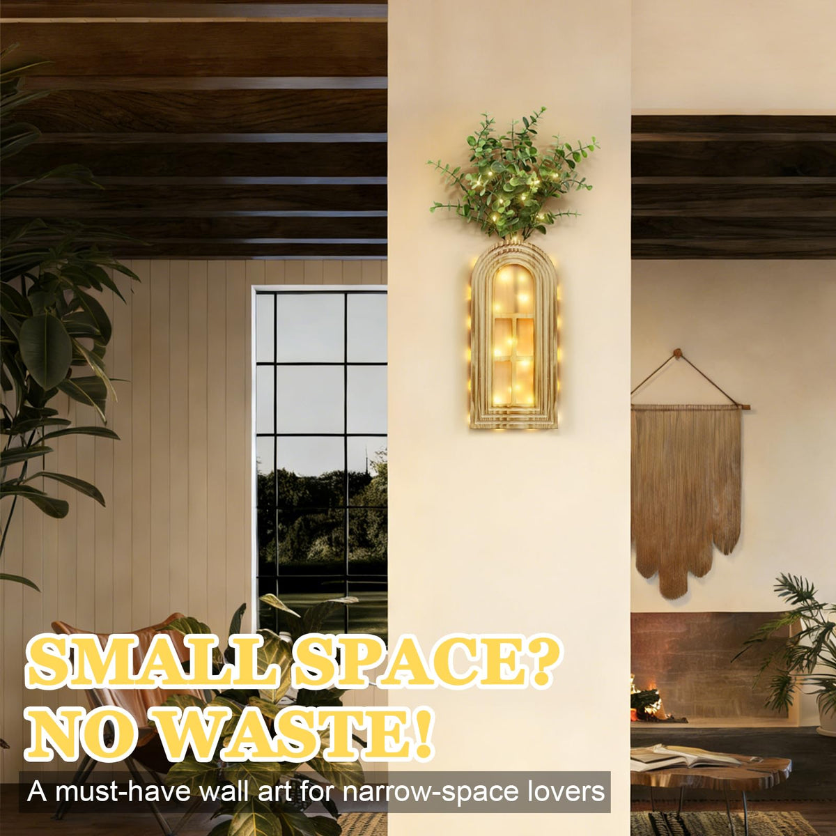 HOMECOR Hanging Wooden Vase Wall Decor - Brown Finish Boho & Modern Farmhouse Decor with Fairy Lights & Artificial Plants, Wall Art for Living Room, Bedroom, Bathroom Mothers Day Home Decor Gift