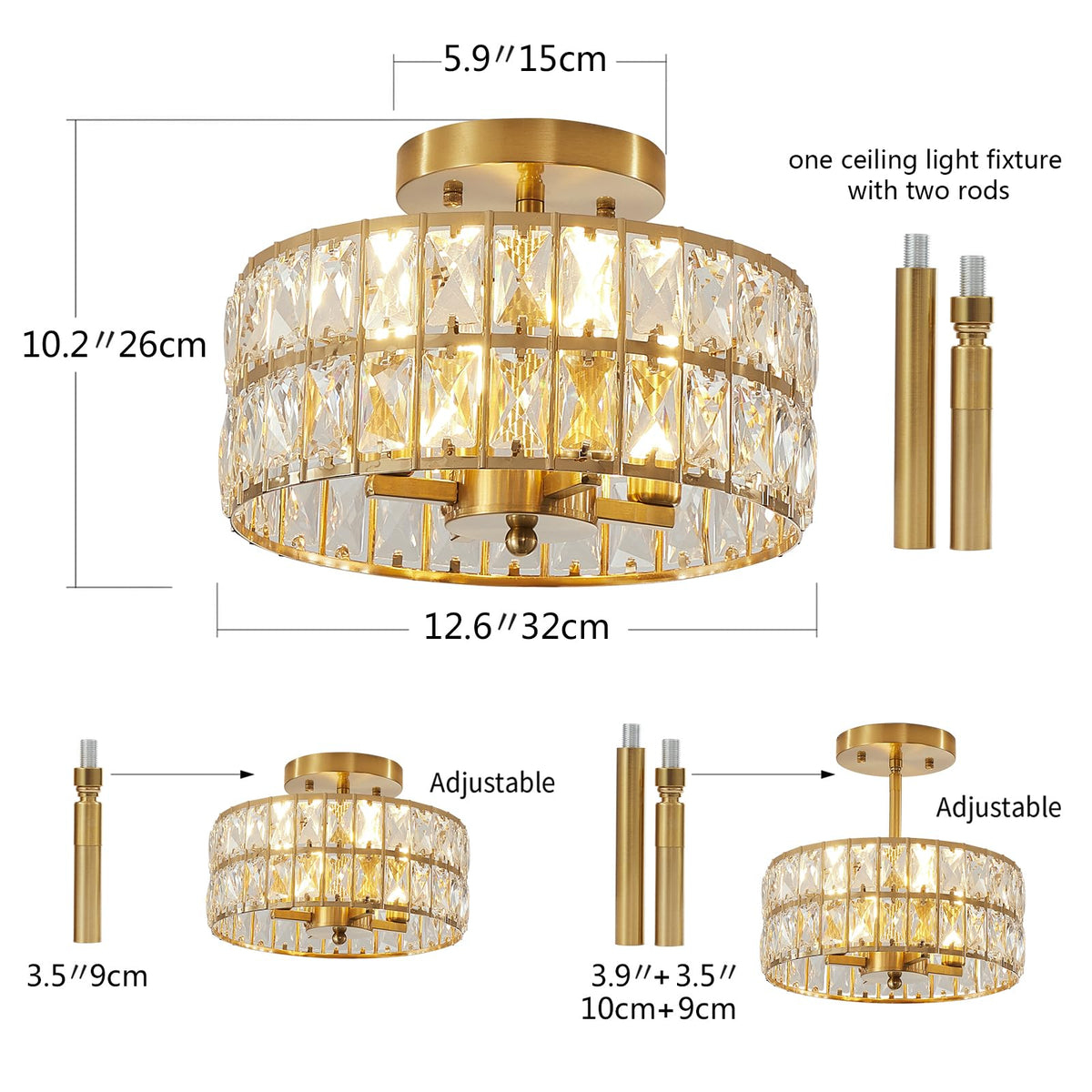 SeeU Modern Crystal Ceiling Light Fixture Brass Semi Flush Mount Ceiling Light Chandelier 4 Heads Crystal Chandelier