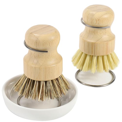 DEBETOOL Bamboo Dish Brush Set with Holder - Natural Dish Scrub Brush for Cleaning Dishes, Fast Dry Design Kitchen Dish Brush for Sinks & Pots