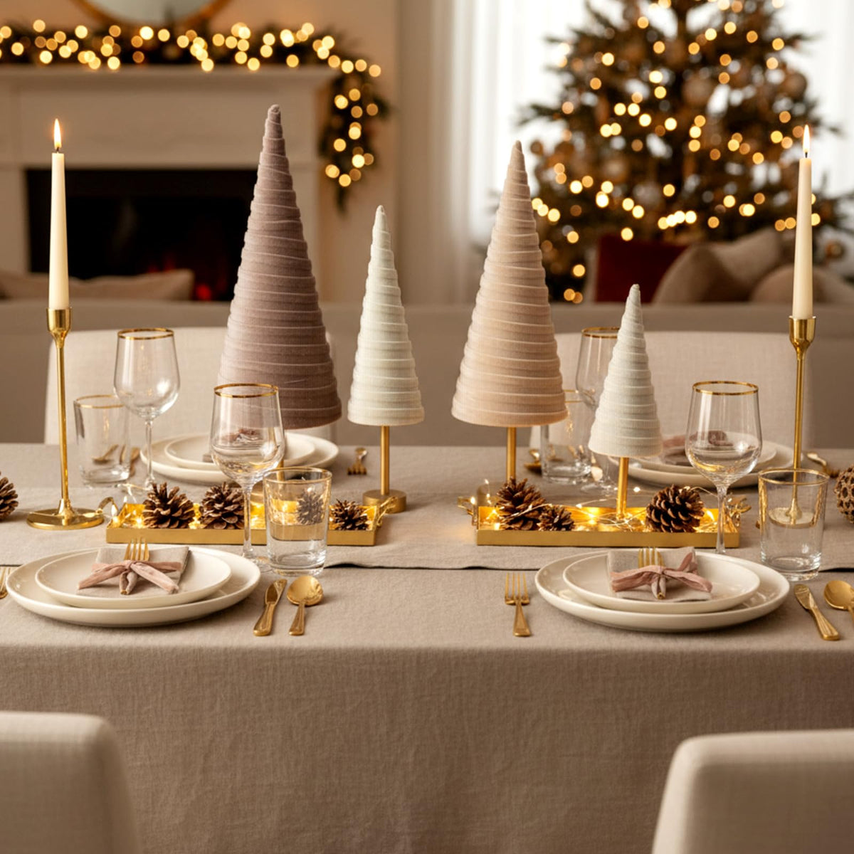 Hoolerry 4 Pcs Christmas Velvet Trees with Gold Pedestal Modern Rustic Christmas Velvet Cone Trees Minimalist for Mantel Table Centerpiece Entryway Home Winter Holiday Wedding Decor(Nude Tone)