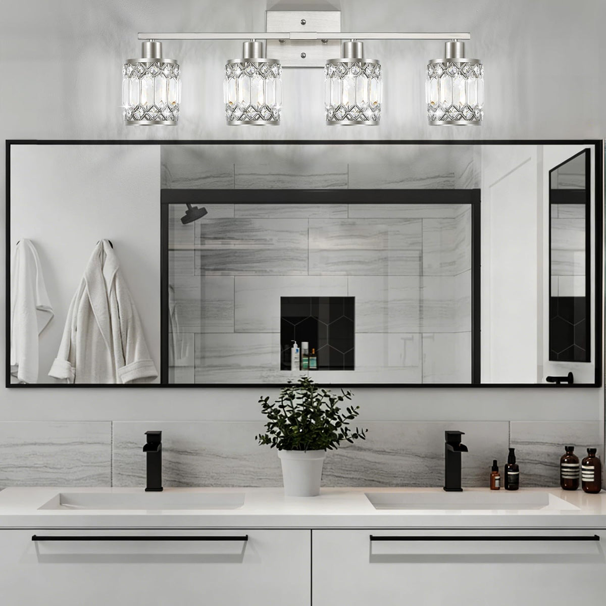 JZEKVN Crystal Modern Bathroom Light Fixtures, 4-Light Brushed Nickel Bathroom Vanity Wall Light, Vanity Lights for Mirror, Restroom, Bedroom (E26 Socket, Bulbs Not Included)
