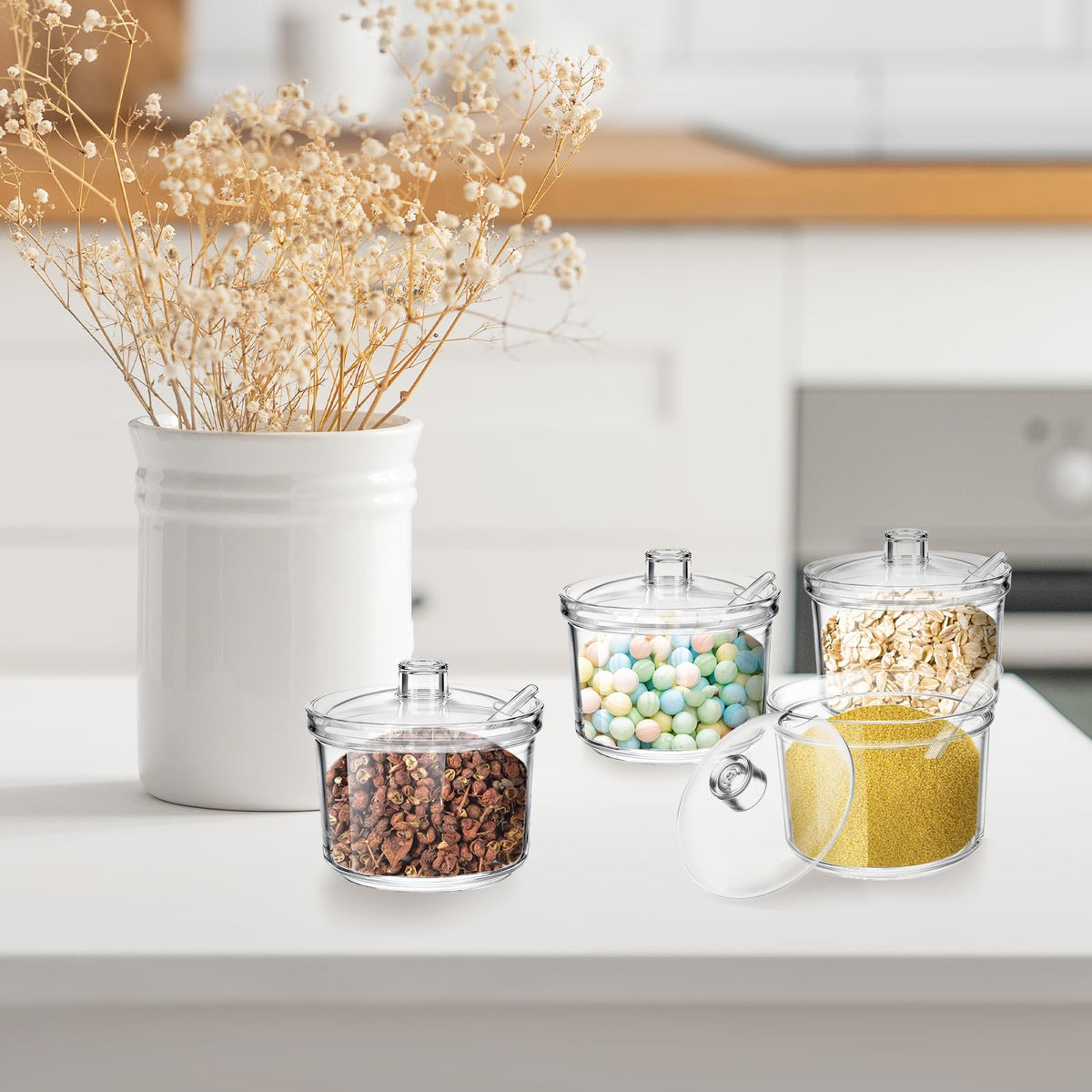 Ptwola 12 Pcs Clear Acrylic Sugar Bowl Set Sugar Containers Salt Canister with Lid and Spoon Perfect for Serving Condiment Candy Coffee Tea Spices (7.4 oz)
