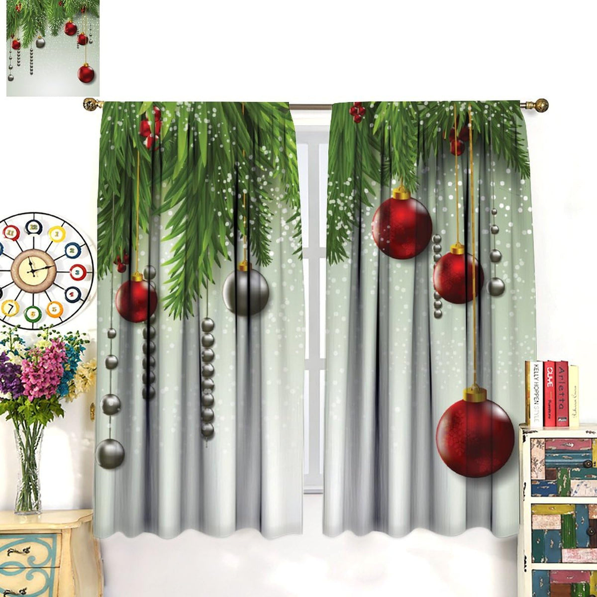 Christmas Curtain Decor Ball Coniferous Pine Tree Twig Tinsel Merry Xmas Window Treatment for Living Room Bedroom Dining Home Decor Window Drapes 42" W X 45" L