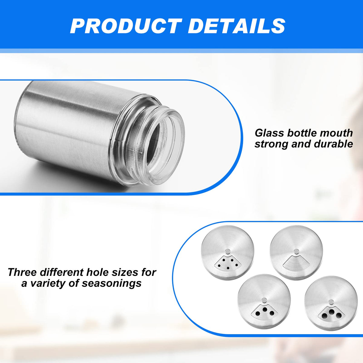 Dandat 12 Pcs Salt and Pepper Shakers Stainless Steel Spice Shakers with Adjustable Pour Holes and Glass Window 3.4oz Salt Dispenser Spice Jars with Rotating Lids for Sugar Seasoning Home
