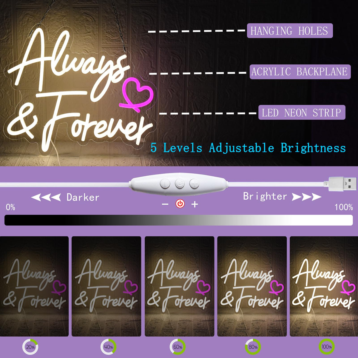 UExnkj-Y Always Forever Neon Sign Warm White Neon Light Sign, Letters Wedding Led Neon Signs for Wall Decor, Dimmable with USB Powered for Bedroom Propose Anniversary Christmas Gifts