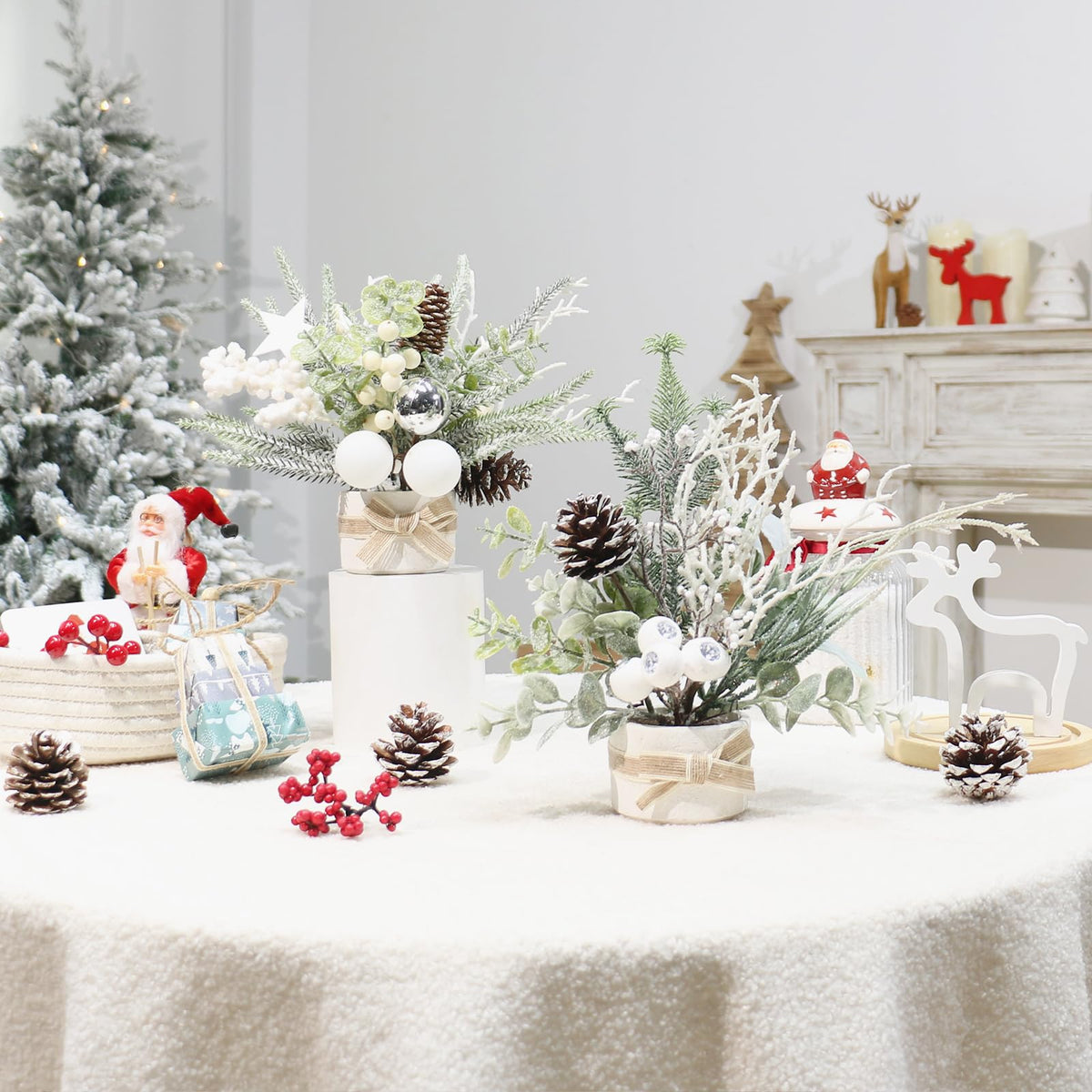 JJIALEIXI 2PCS Small Christmas Tree,11" Artificial Little Potted Mini Tabletop Tree Christmas Decorations, for Wedding Holiday Indoor Xmas Party Winter Decor (White/Green/Silver).