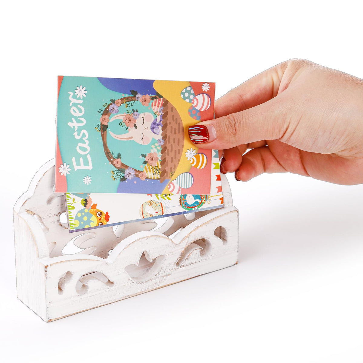 yarlung 2 Pack Vintage Business Card Holder, Shabby Chic White Greeting Card Display Stand, Wooden Open Name Cards Holder for Desktop, Office Trade Receptions, Hollowed Design
