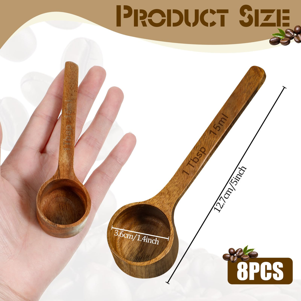 8 Pcs Wooden Measuring Scoops, 15ml/1Tbsp Wooden Scoops for Canister Jars, Acacia Wood Coffee Ground Measure Scoop Set, Kitchen Accessories for Coffee Beans Tea Sugar Bath Salt Washing Powder