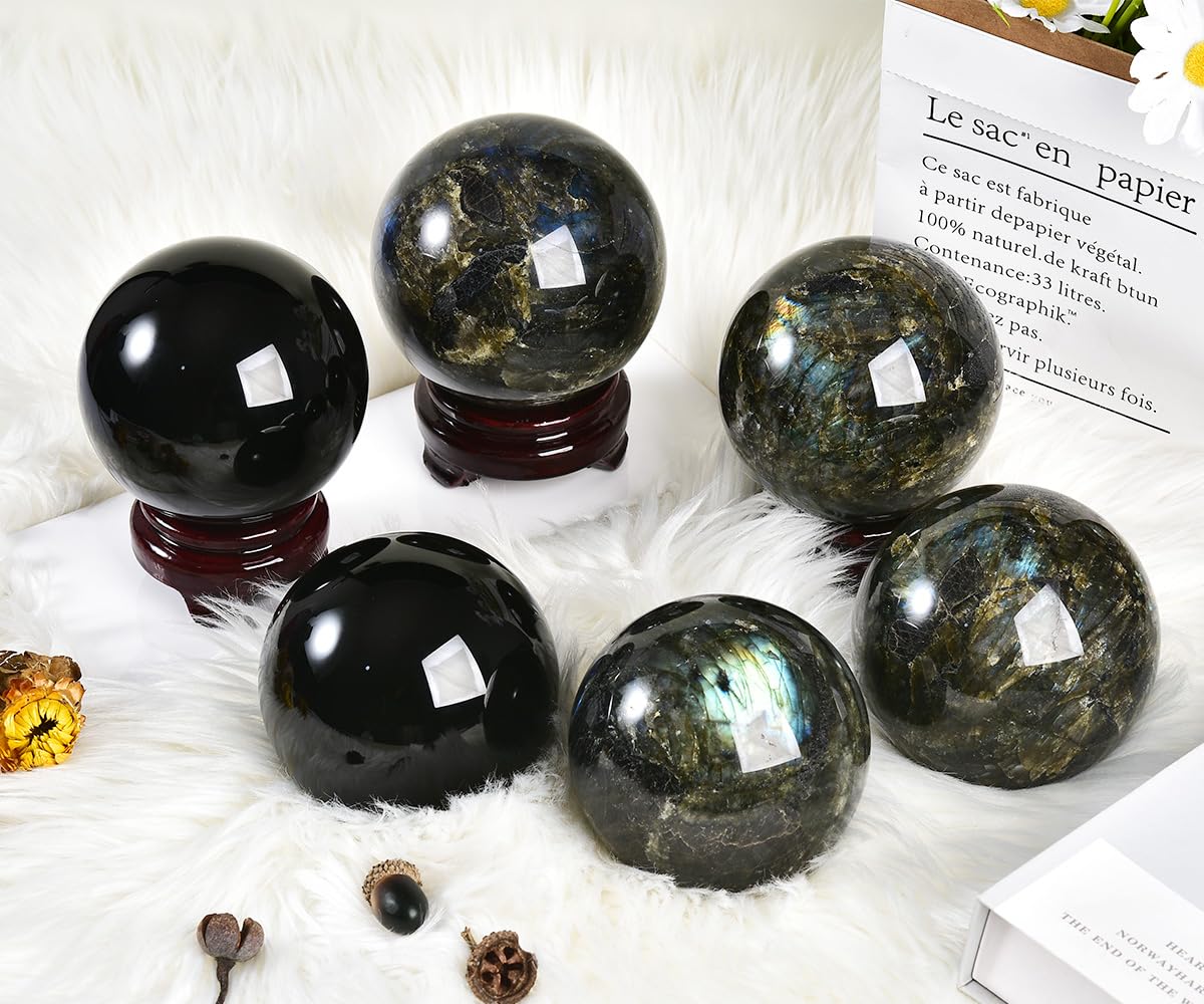 MOGEMT Labradorite Crystal Ball with Stand Large Crystals Sphere Decorative Ball Meditation Witchcraft Home Decor 90-100mm/3.5-3.9"