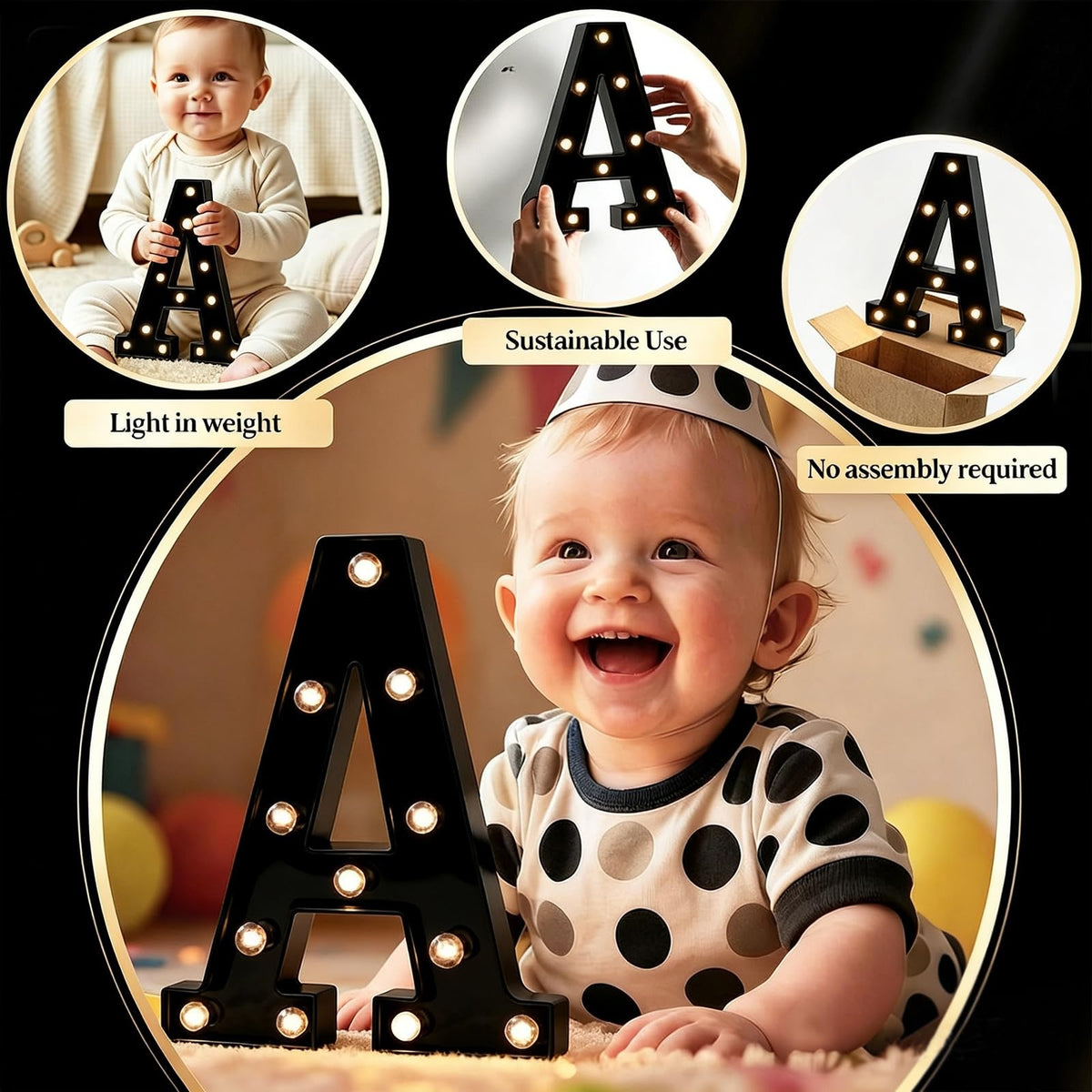 Light Up Black Alphabet Marquee Letters Sign LED Marquee Number Lights Sign for Night Light Home Bar Christmas Lamp Birthday Party Wedding Decoration A