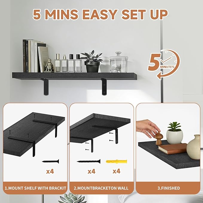 Easy Install Floating Shelves, 15.7 Inch Wall Mounted Wood Shelf, Hanging Shelf