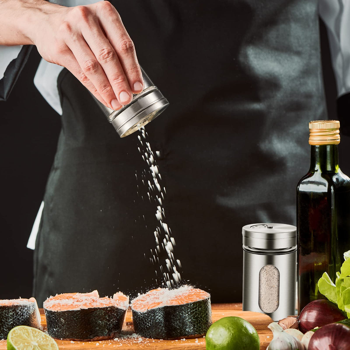 Dandat 24 Pcs Salt and Pepper Shakers Stainless Steel Spice Shakers with Adjustable Pour Holes and Glass Window 3.4oz Salt Dispenser Spice Jars with Rotating Lids for Sugar Seasoning Home