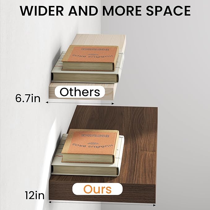 40Inch Walnut Floating Shelves for Wall, 12 Inch Deep Shelves for Bedroom