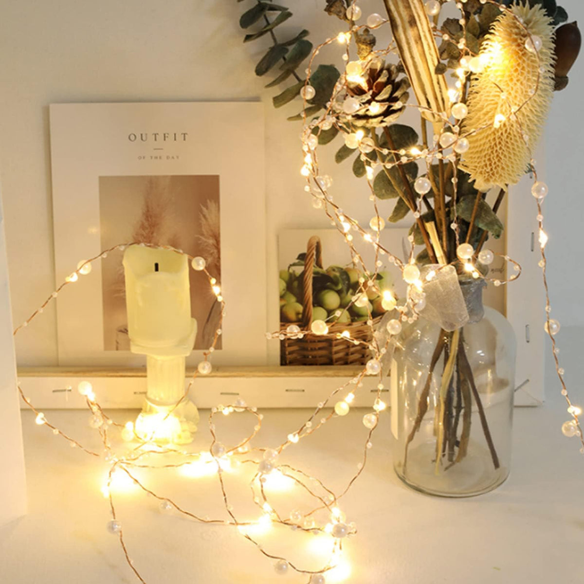 Kukyller 2PCS 32.8ft LED Fairy Lights Battery Operated, Ocean Pearl Beads String Lights, Pearl Fairy Copper Wire Lights for Home Bedroom Classroom Dorm Wedding Christmas Decor (10m)