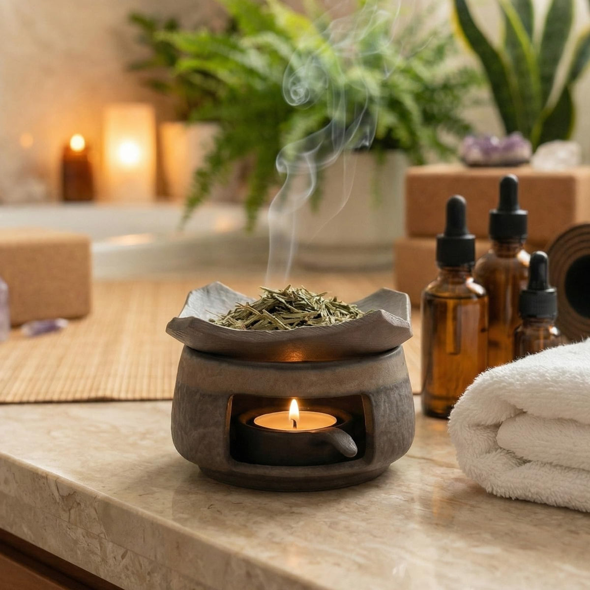 Ceremony Ceramic Incense Holder Aromatherapy Diffuser, White Sage Incense Burner, Herb Burner & Candle Wax Warmer with Tealight Holder, Home Fragrance Accessories for Relaxation & Meditation