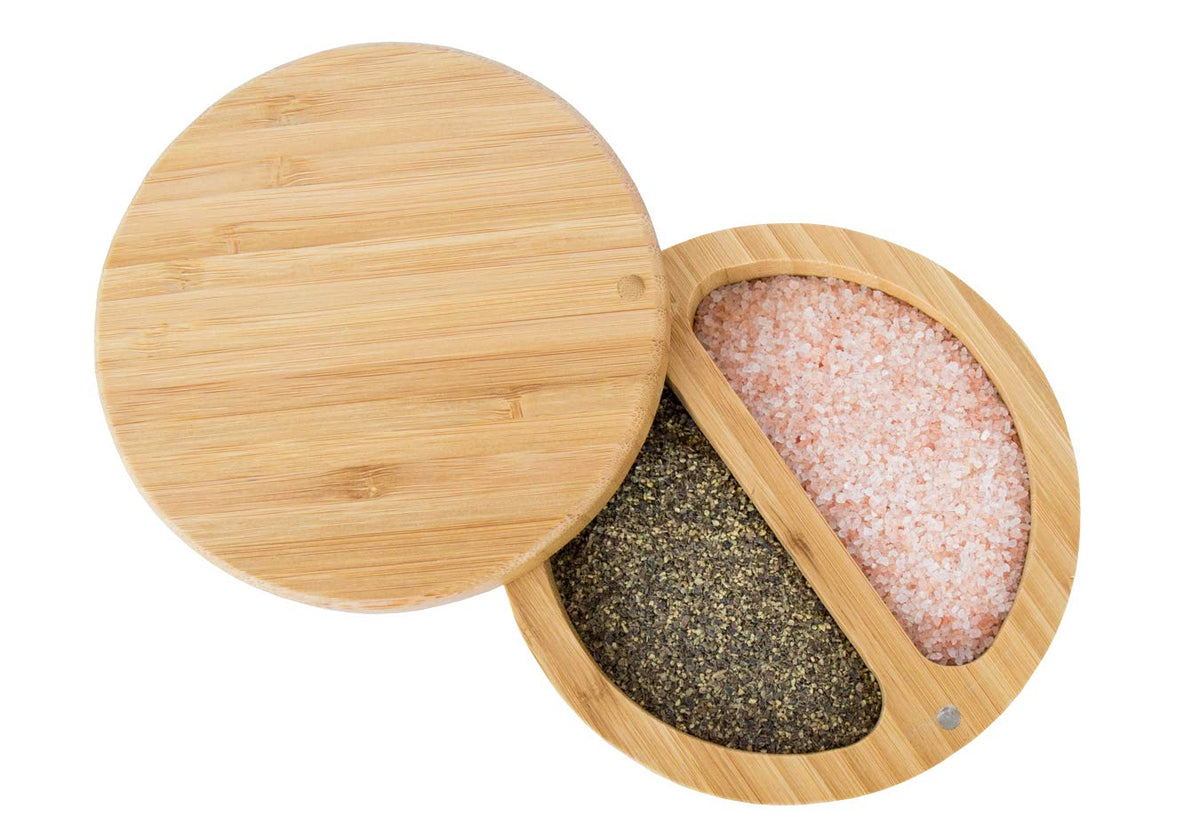 Relative Foods Salt Cellar -Bamboo Salt and Pepper Bowl with Magnetic swivel lid - Salt Container with Himalayan Pink Salt and Pepper Included - Perfect Salt Storage for countertop