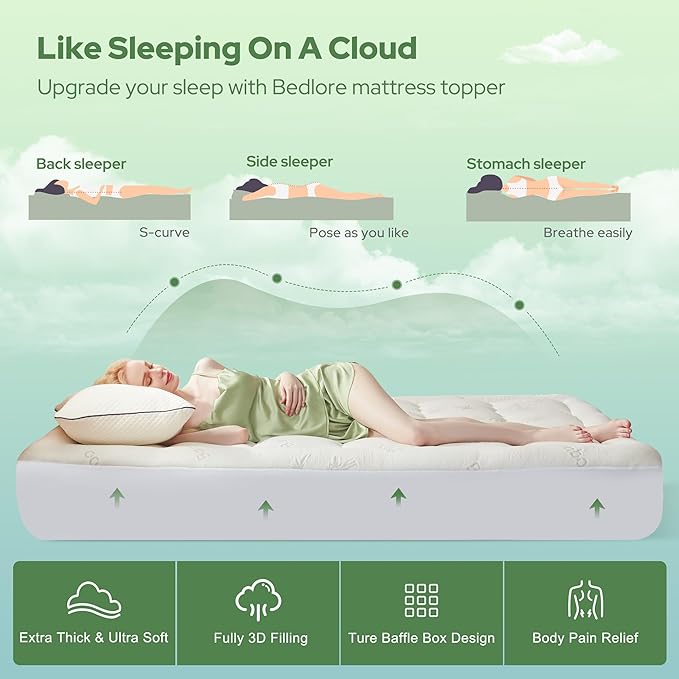 BEDLORE King Mattress Topper Viscose Derived from Bamboo, Thick Pillow Top