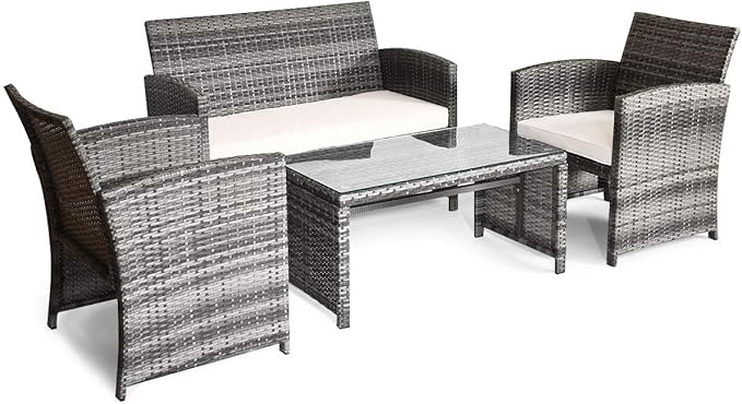Tangkula 4 PCS Wicker Patio Conversation Set, Outdoor Rattan Sofas