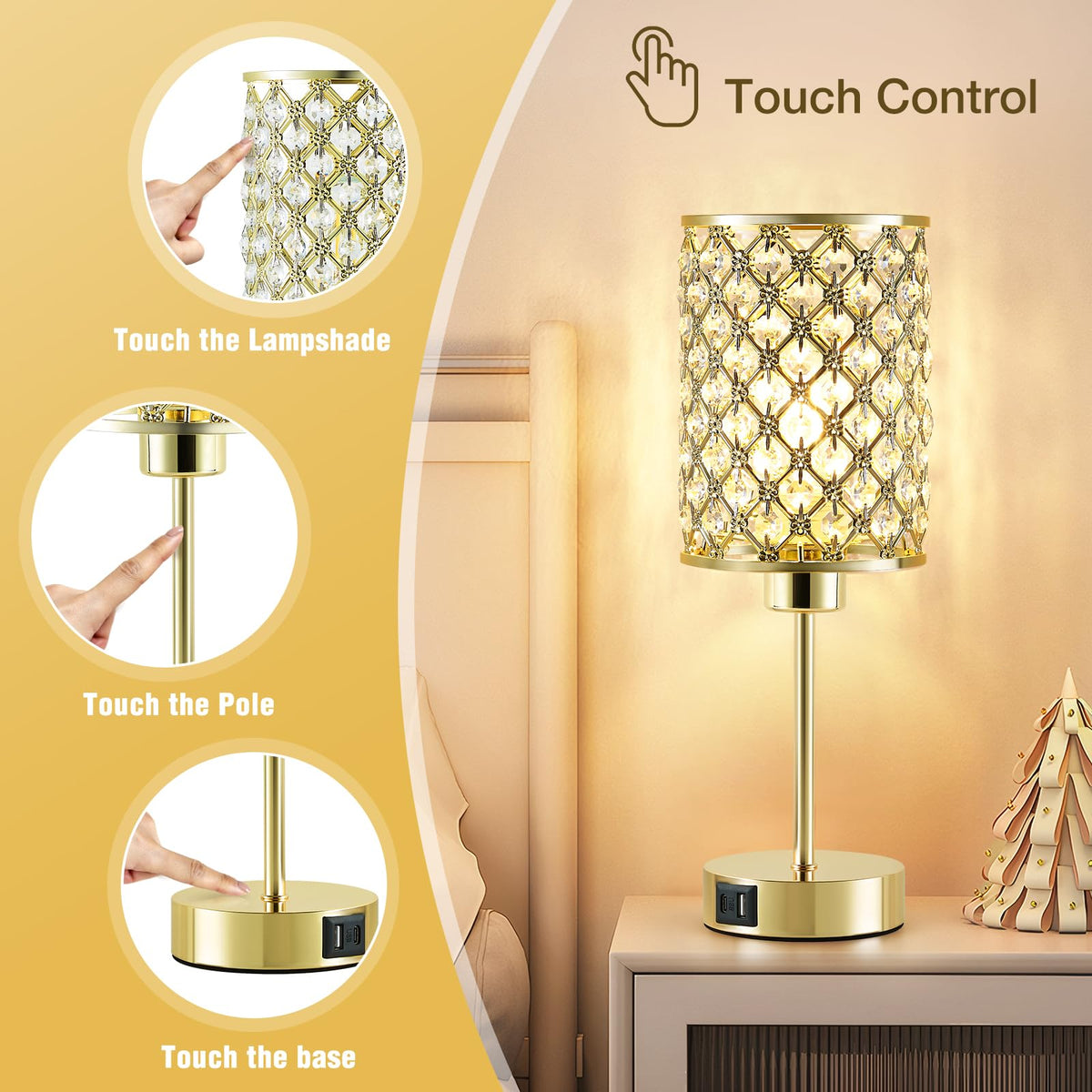 GyroVu Crystal Table Lamp, Gold Touch Lamp for Nightstand with USB C+A Ports, Dimmable Lamp with Crystal Shade, Bedside Lamp Small Lamp for Bedroom, Living Room(Buld Included)