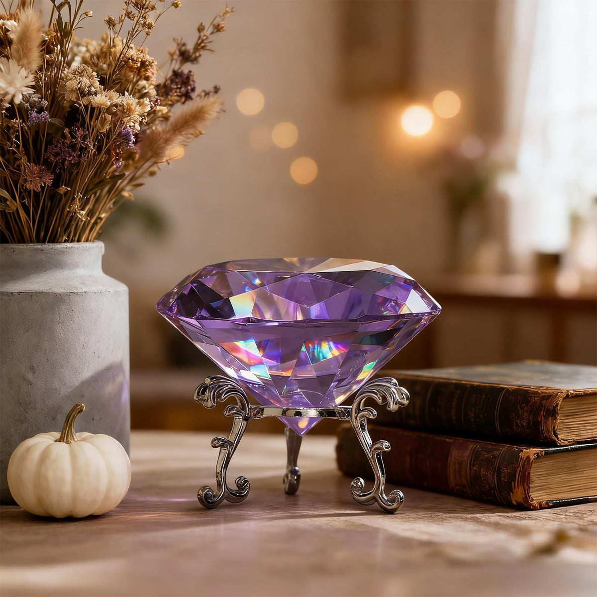 MysticGlitz Purple Crystal Diamond Centerpiece, 3.15 Inch Large Fake Diamond Prism with Silver Base for Wedding Table Decor Home Decoration Glass Jewel Rainbow Effect