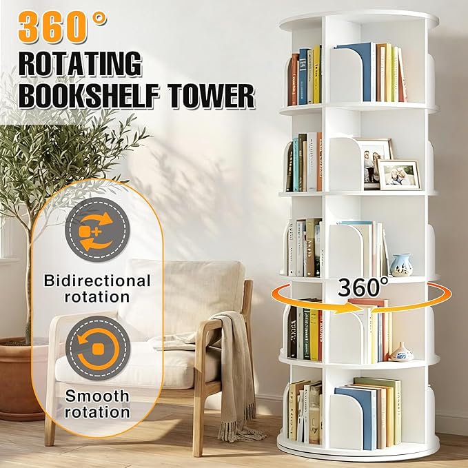 RUNSUNSPRI 5 Tier Rotating Bookshelf Tower, Spinning Bookshelf, Revolving 360°