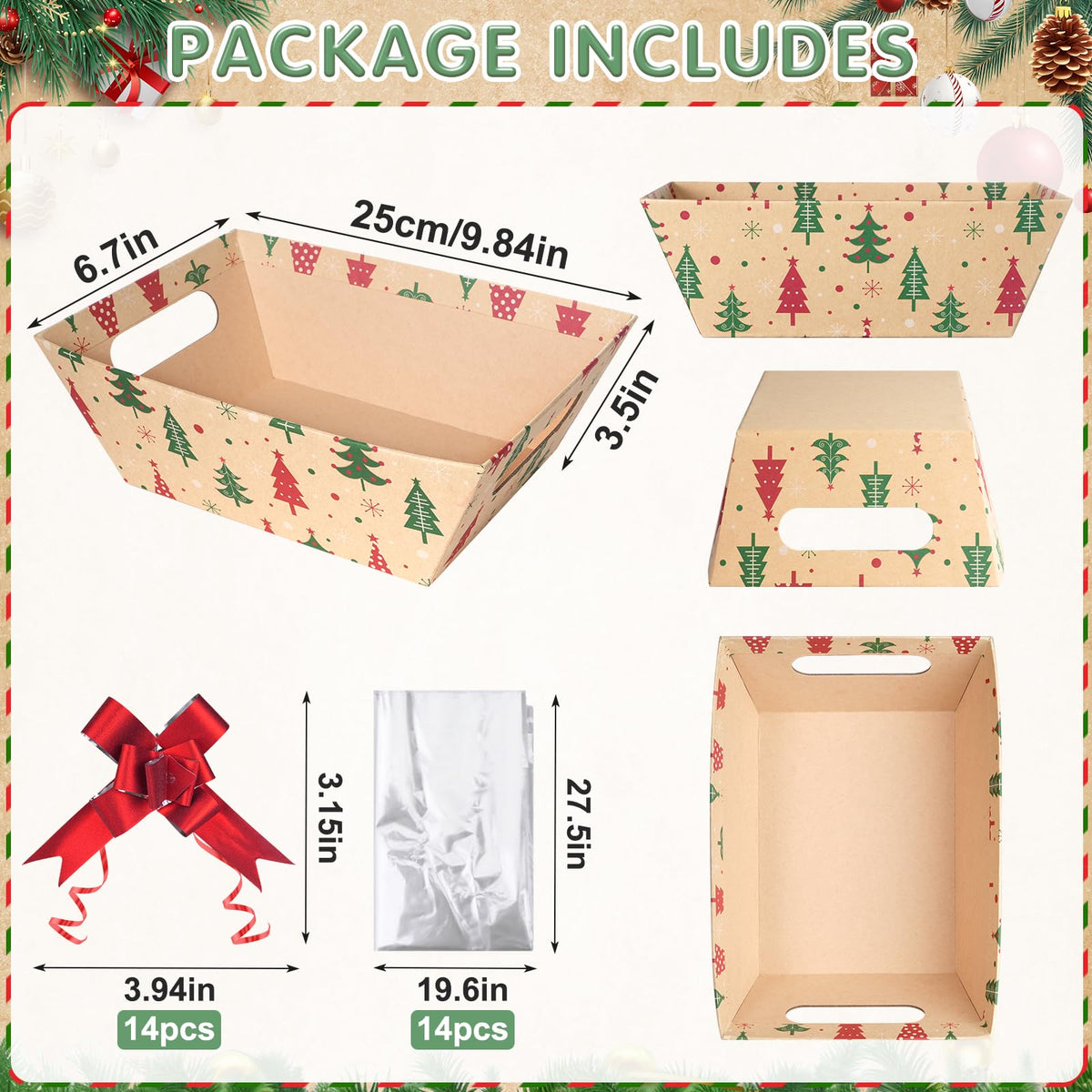 Pascliyna 12 Set Christmas Gift Baskets Empty 10x7 Inch, Kraft Paper Christmas Gifts Baskets with Cellophane Bags and Red Pull Bows, Reusable Gift Wrapping for Xmas Holiday Winter Party Supplies