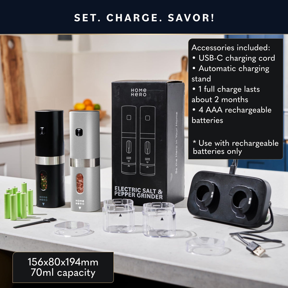 Home Hero Electric Salt and Pepper Grinder Set - Automatic Salt and Pepper Grinder Set Rechargeable. Electronic Salt and Pepper Shakers with LED Light, Electric Pepper & Salt Grinder, Set of 2