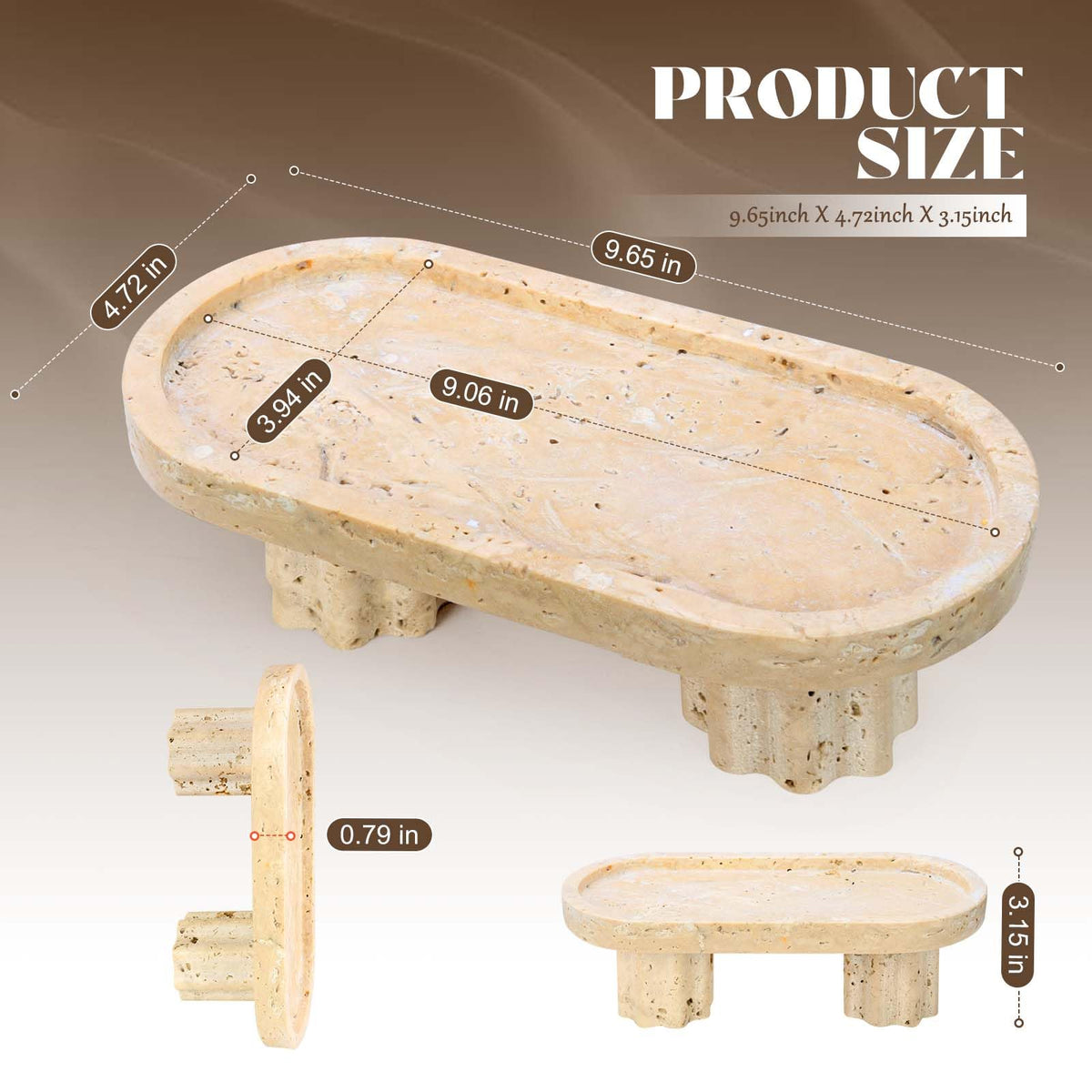 Axiqunel Natural Travertine Oval Tray with 2 Legs, 9.6"x4.7" Vanity Decorative for Countertop Ornaments, Catchall for Perfume, Candles, Jewelry Dish & Home Decor