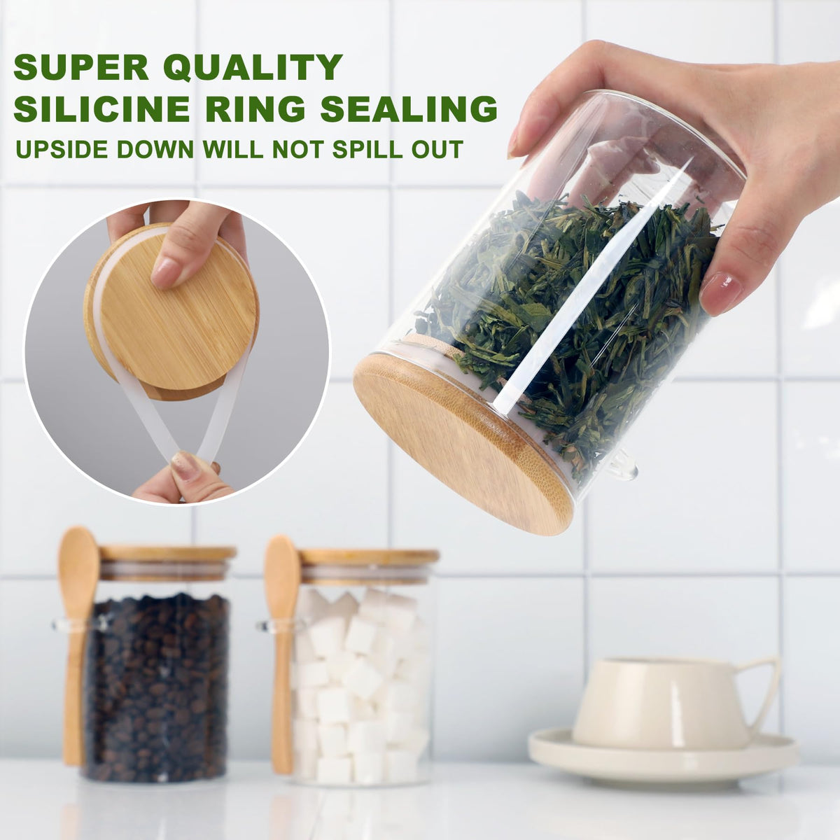 TIPGO Sugar Jar Bath Salt Container – 17 oz Glass Jar with Bamboo Lid and Spoon, Sugar Cube Holder and Canister for Countertop, Glass Containers for Coffee Beans, Tea and Overnight Oats (4 Pack)