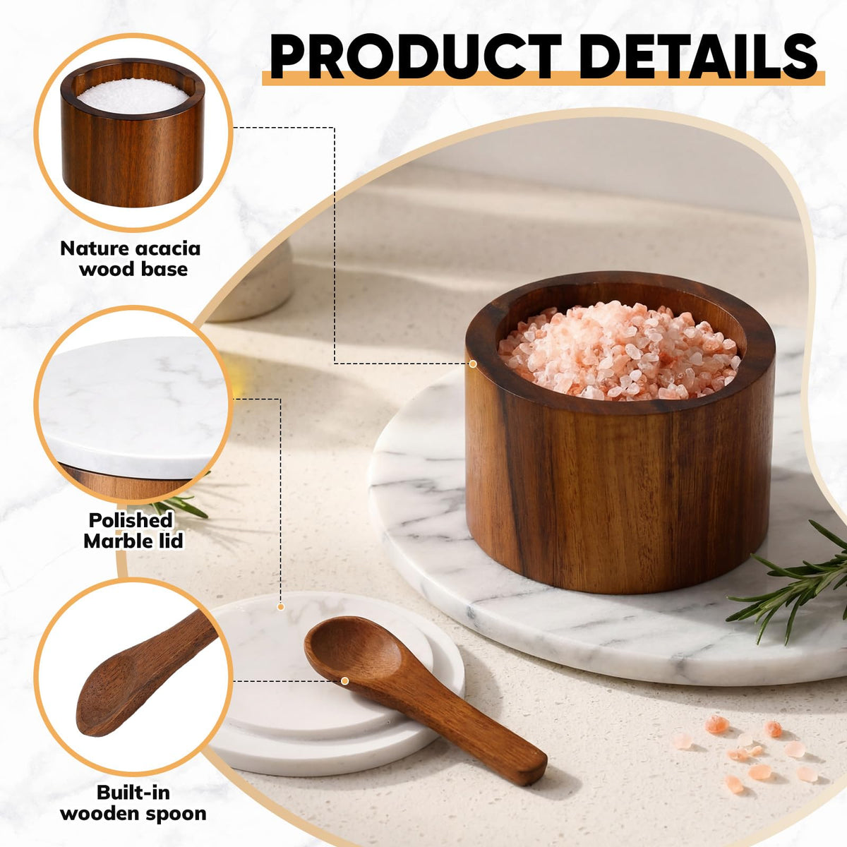 Singhoow 2 Pcs Acacia Wood Salt Cellar with Marble Lid Salt and Pepper with Spoon Natural Acacia Spice Container Decorative White Black Marble Cover for Kitchen Counter