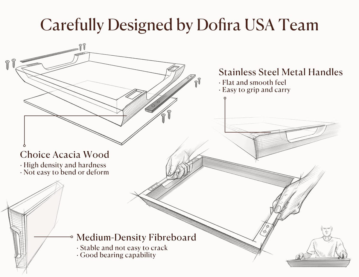 Dofira Acacia Wood Serving Tray with Metal Handles, 17x13in Food Drinks Tray for Coffee Table, Breakfast, Dinner & Bar, Rustic Decorative Storage Tray for Ottoman, Kitchen, Elegent Box for Gift