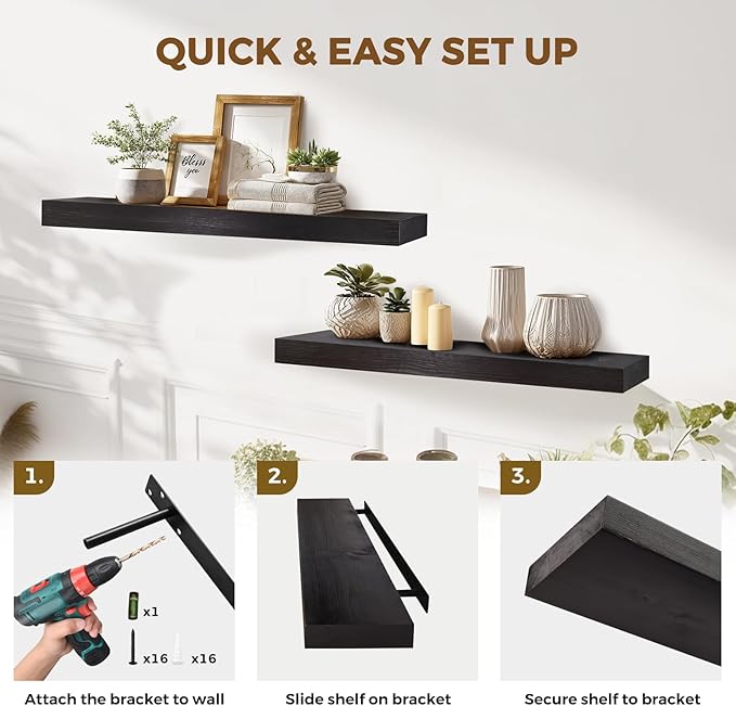 36x8x1.6 inch Floating Shelves Set of 2 – Solid Wood Rustic Black Wall Mounted