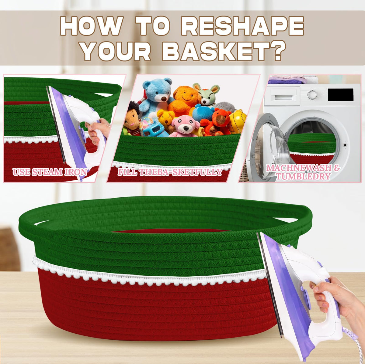 Christmas Red & Green Gift Basket Empty with Wrap Bag & Ribbon & Card, Empty Small Woven Storage Basket (12"x8"x5"), Cute Decorative Gift Baskets Storage for Christmas Baby Showers Easter (Green-Red)