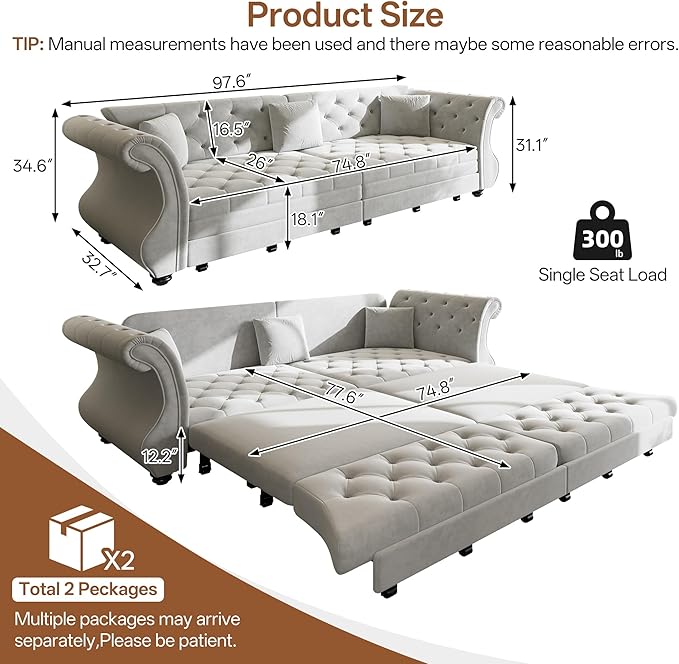 97.6" Oversized Pull Out Sofa Bed, Chesterfield Velvet Sleeper Sofa Couch